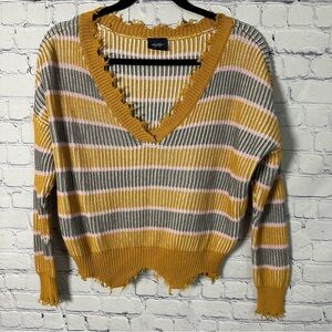 Daytrip Mustard and Gray Striped V-Neck Cropped Sweater